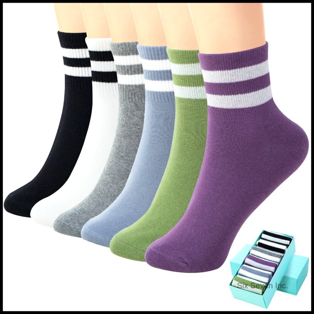 Quarter Crew Cotton Socks Striped Athletic Casual Breathable Retro Unisex
